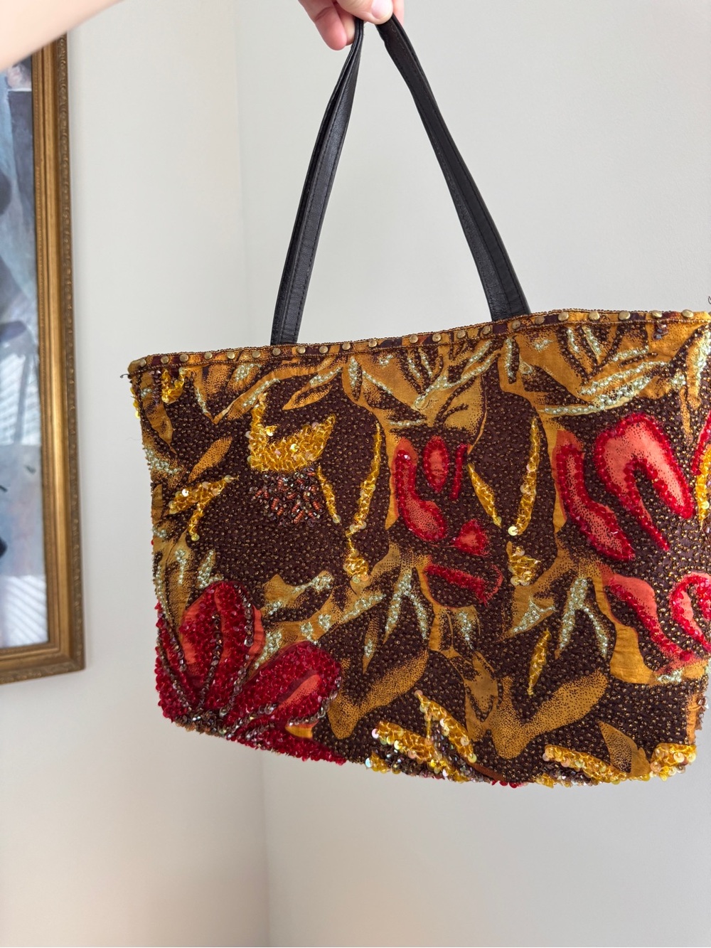 Vintage Christiana Beaded Floral Tote Bag in Brown, Red & Gold